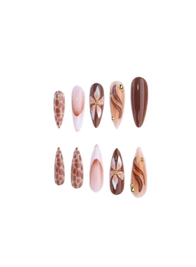 SINHOT Press on Nails - Medium Almond Fake Nails, Glossy Finish, 3D Flower & Brown Swirl, DIY Artificial False Nail Art - 24 Pcs Nail Kit with Glue - Image 5